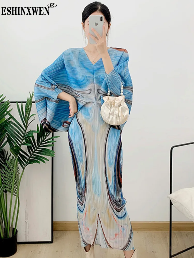

Eshin V Neck Batwing Sleeve Printing Pleated Slim High Quality Dress For Women 2023 Autumn Fashion Female New Clothing TH2077