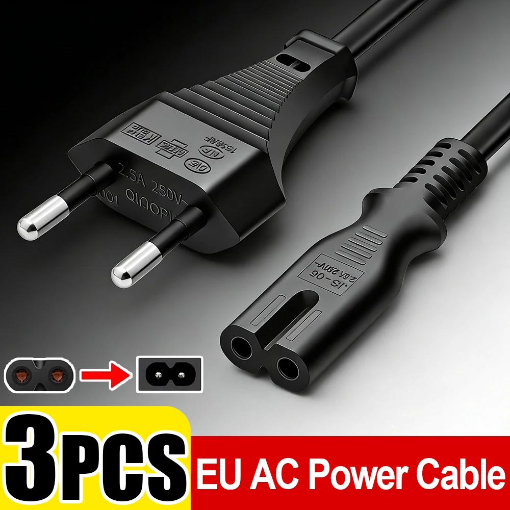 Universal AC Power Extension Cable with EU 2-Slot Plug - Available in 1m, 1.5m, & 1.8m Lengths