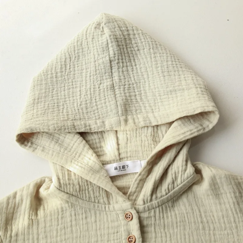Cotton Double-Layer Gauze Thin Hoodies Casual Children's Spring New Loose Pockets Half Open Buttons Long-Sleeved Shirts