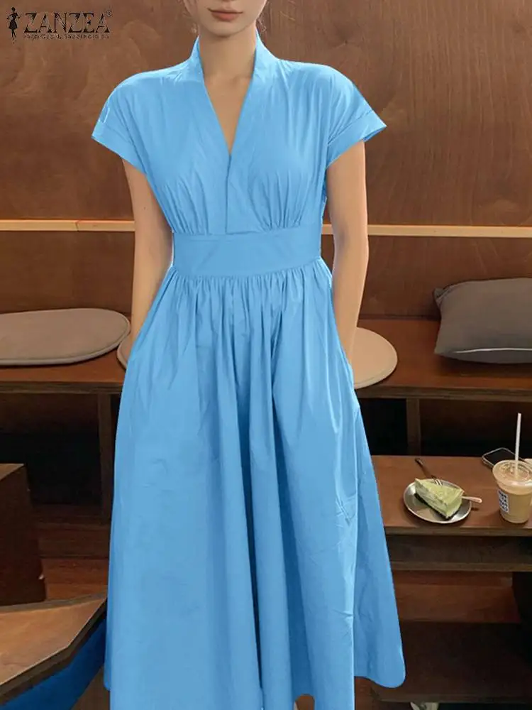 

ZANZEA Women Summer Maxi Dress 2023 Elegant V-Neck Waisted Long Sundress Casual Solid Color Pleated Short Sleeve A-line Robe