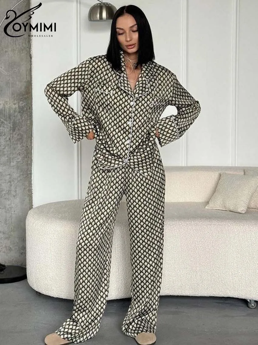 Oymimi Fashion Grey Green Print Sets For Women 2 Pieces Elegant Lapel Long Sleeve Pockets Shirt And Straight Trousers Female Set