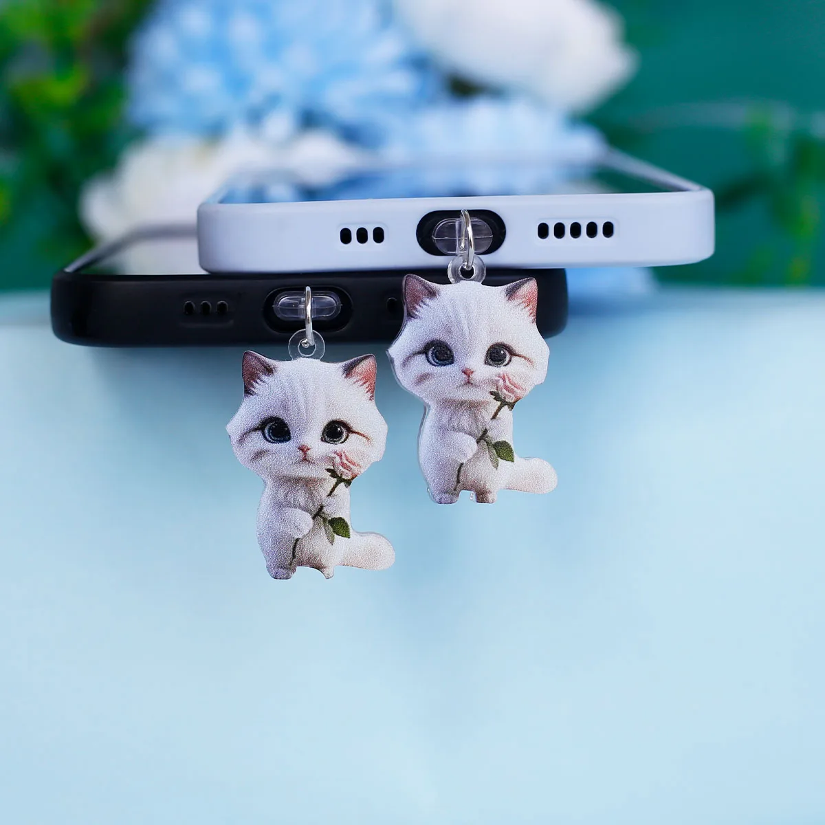 Mobile Phone Dust Plug Pendant Cute White Cat Rose Phone
