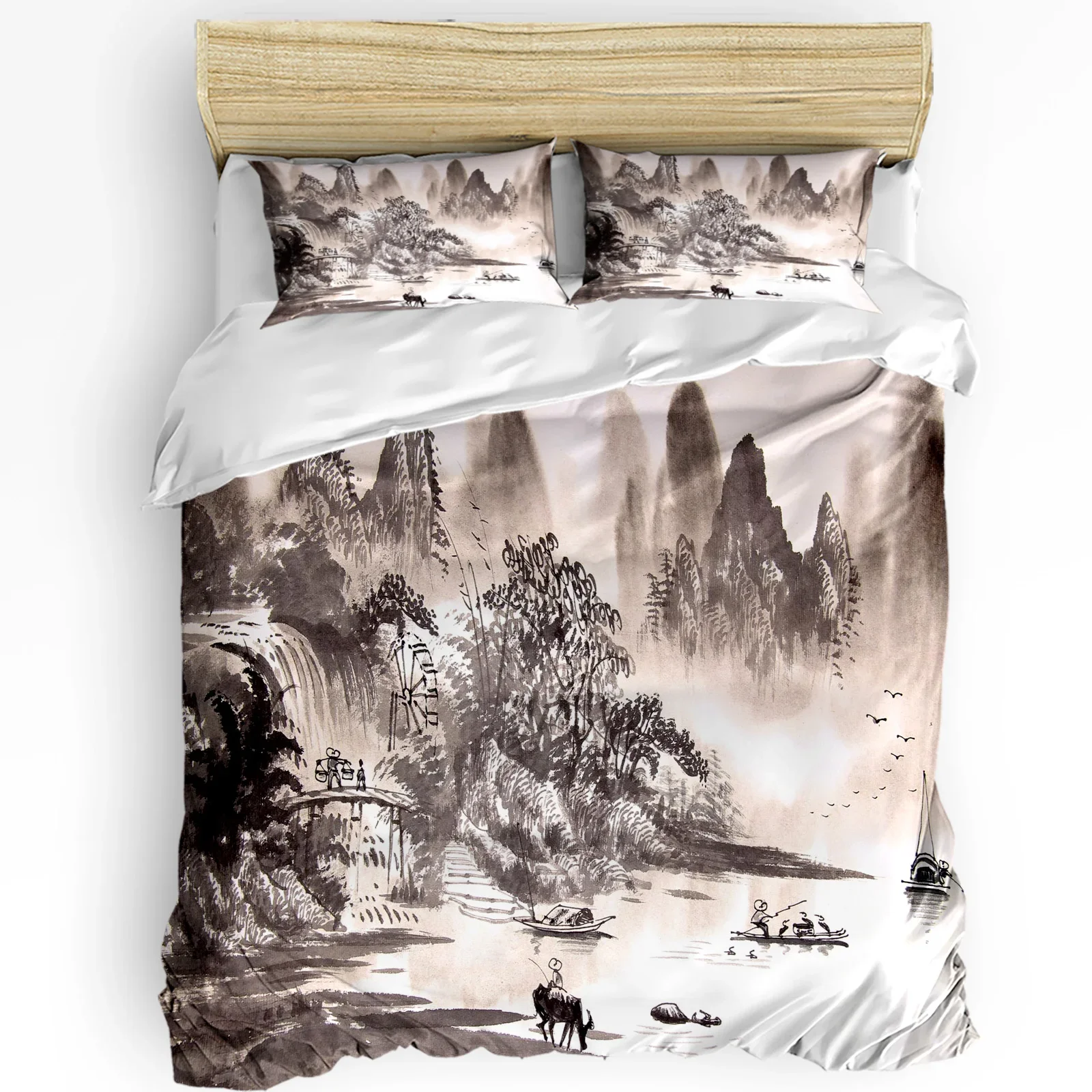 

Landscape Painting Boat Mountain 3pcs Bedding Set For Bedroom Double Bed Home Textile Duvet Cover Quilt Cover Pillowcase