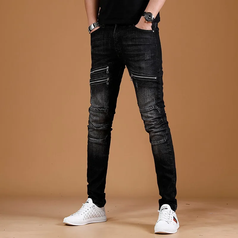 Casual Patchwork Zipper Black Jeans Men Streetwear Slim Fit Pencil Pants Cotton Stretch Denim Trousers