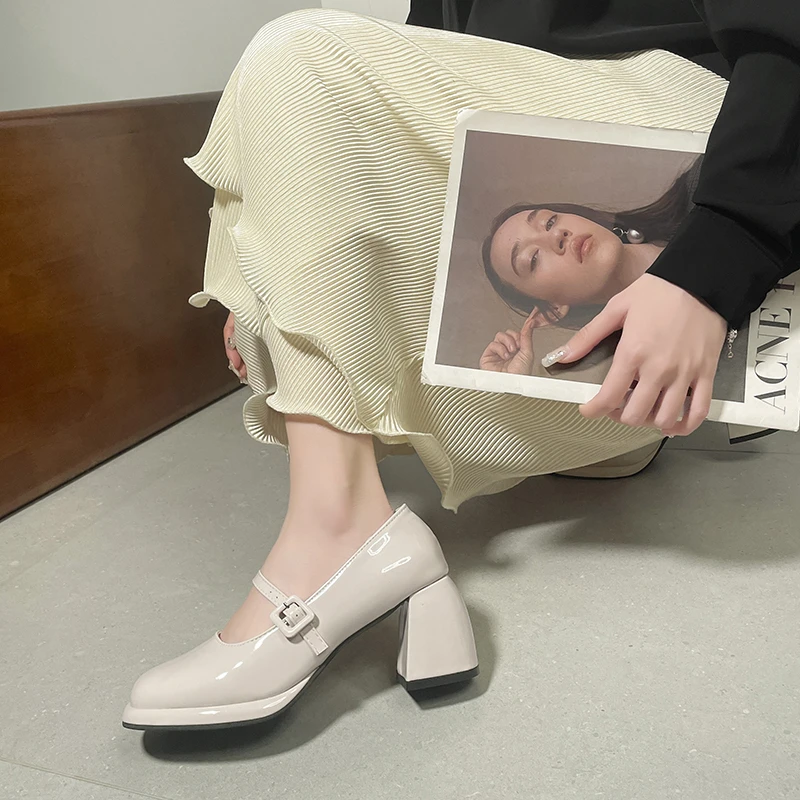 Ladies Shoes Buckle Strap Platform Women's Pumps Shallow Square Heel Square Toe High Heel Pump Women Solid mary jane shoes