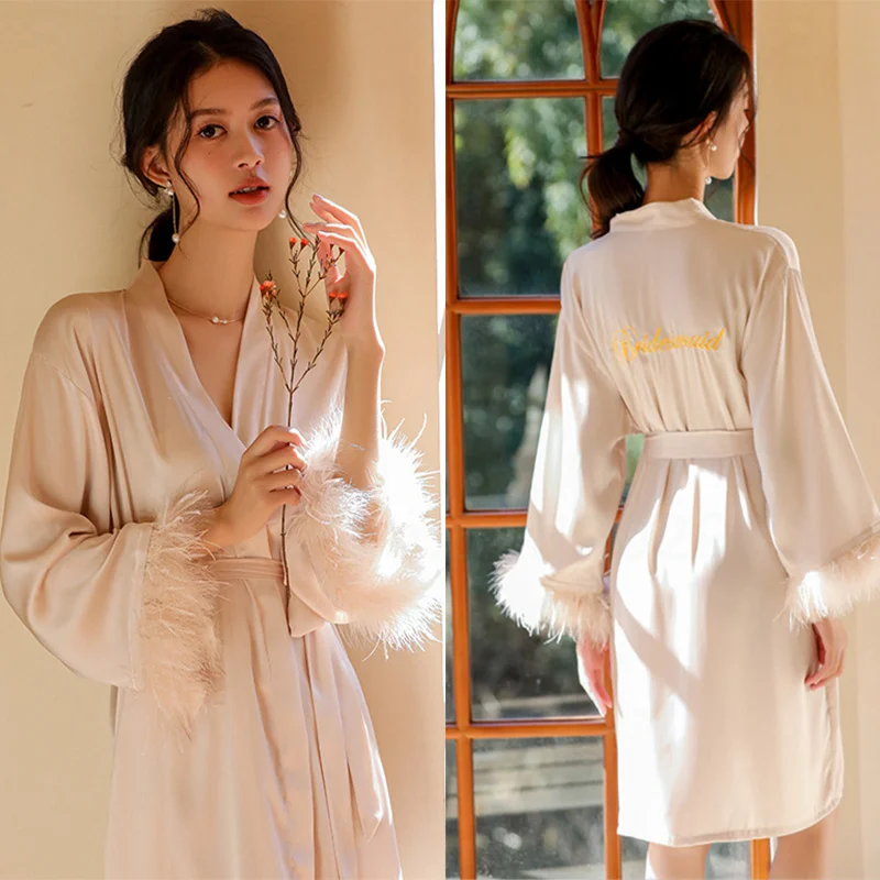 Bata larga de satén para mujer, Kimono elegante, camisón Sexy con cuello en  V, ropa de dormir de retazos de plumas para el hogar - AliExpress