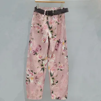 YEAE Women's Jeans High Waist Pink Rose Flowers Printed Wide Leg Loose Denim Banana Trousers 2025 New Fashion Summer 1