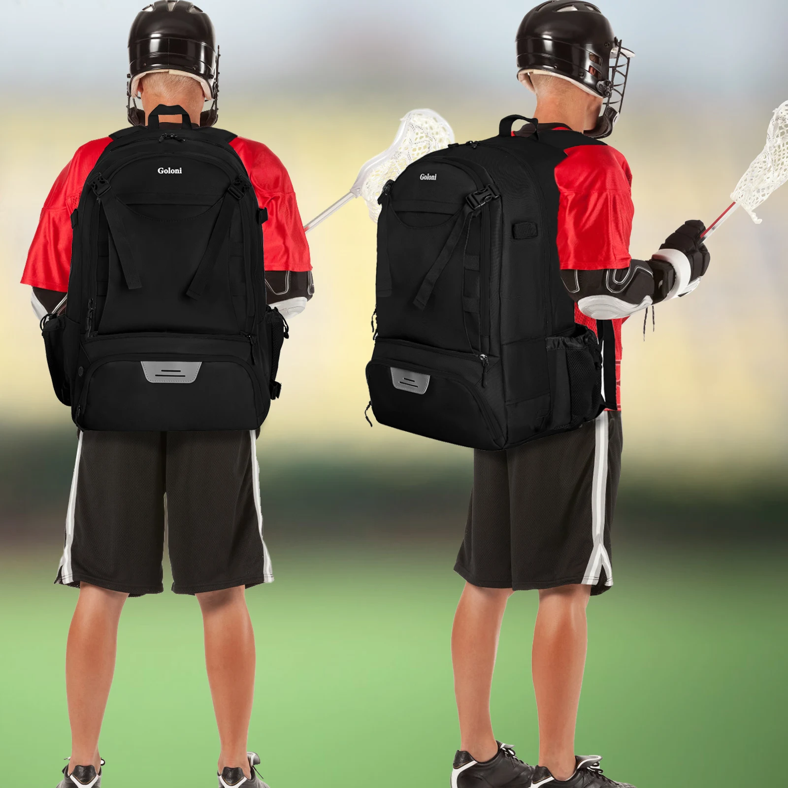 Large Lacrosse Equipment Backpack with Two Sticks holder and Separate Cleats Compartment Field Hockey Bag