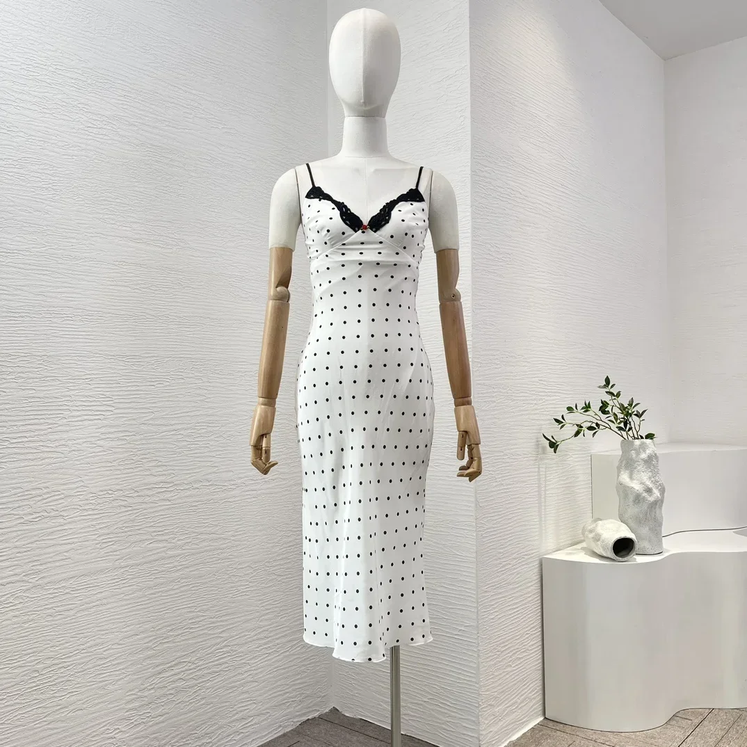 

Summer 2024 New Lady Camisole White Black Silk Polka Dots Print Heart Shaped Collar Sling Sleeveless Women Midi Dress