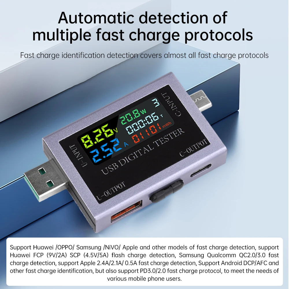 USB Type-C 테스터, 다기능 디지털 전압계, 전류계 및 전력계, 정전용량 테스터, DC 4.5?50 V, 0?8 A.