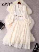 

ZJYT High Quality Spring Blazer Dress Suits Two Piece Womens Outfits Elegant Beading Chain Belt Top and Cake Skirt Set for Party