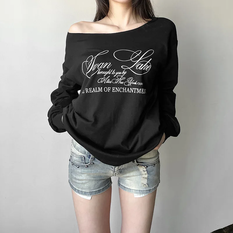 Sisterlinda Tägliche T-Shirts im vielseitigen Stil für Damen, Briefdruck, geneigte Schulter, volle Ärmel, Herbst, lässig, einfache Mode-Tops – Detail 22