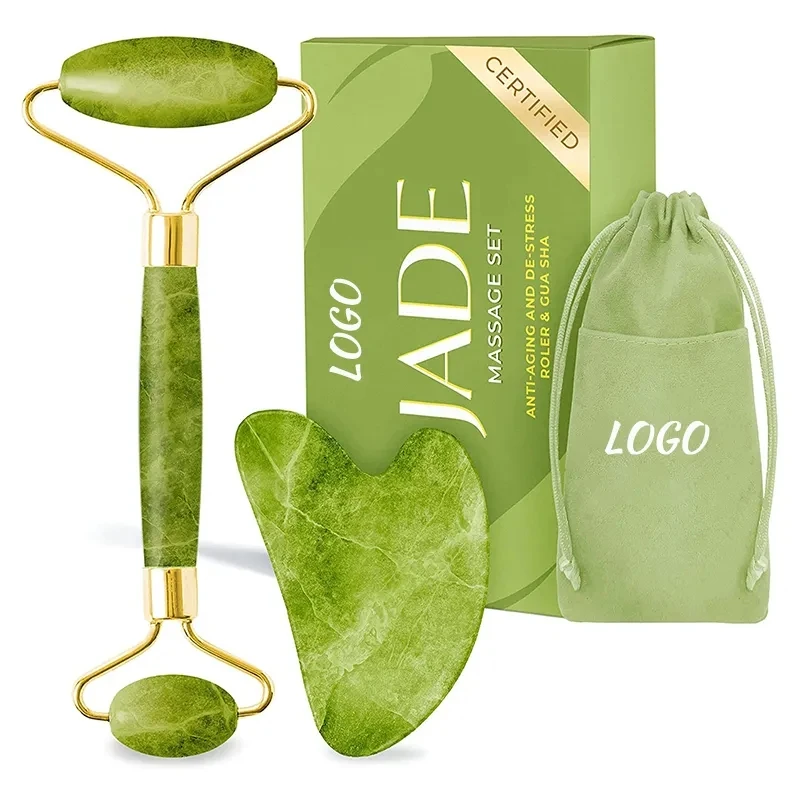 

Custom Facial Green Jade Face Stone Ball Roller And Guasha Massager Set 100% Genuine Natural Nephrite Anti Aging Massage