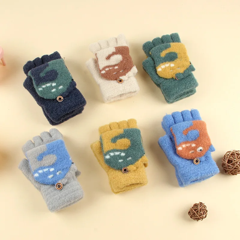 2023 New Cute Cartton Dinosaur Children's Gloves Winter Kids Warm Mittens Knitted Boys Girls Flip Gloves Варежки Детские