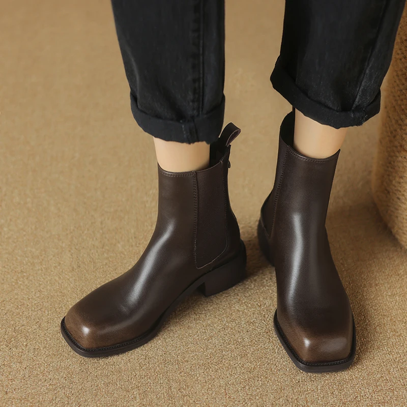 

Womens Ankle Boots 2024 Winter New Warm Short Plush Round Head Med Thick Heels Genuine Leather Chelsea Short Boots for Women
