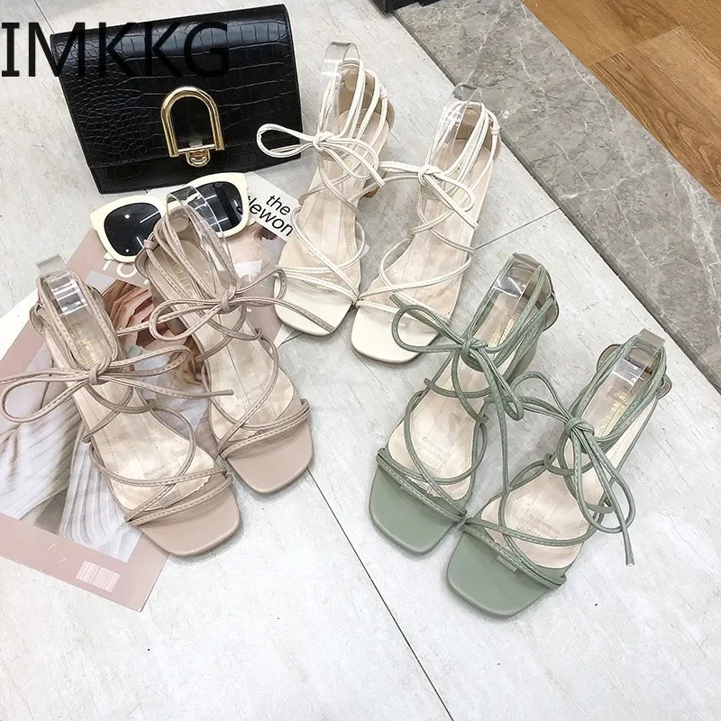 Women High Heels Summer Ankle Strap Women Sandals Ladies High Heels Female Gladiator Shoes Sexy Pumps Square Toe Party Shoes