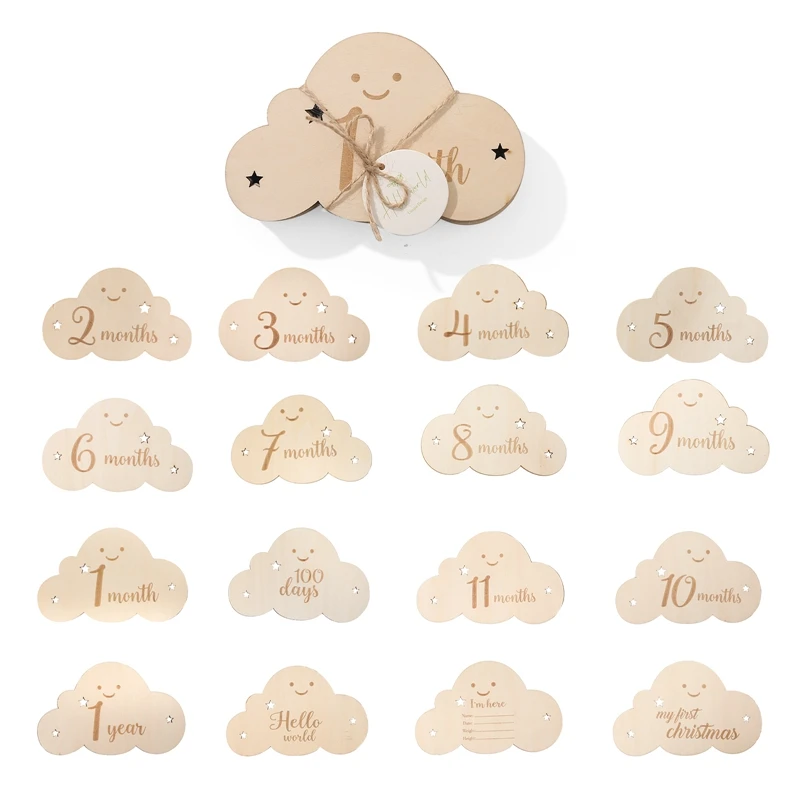 hand & footprint makers booklet 8Pcs/Set Wooden Cloud Shape Monthly Cards Double Sided Wooden Baby Engraved Age For Babe Photo Birthday Shooting Props best newborn photography