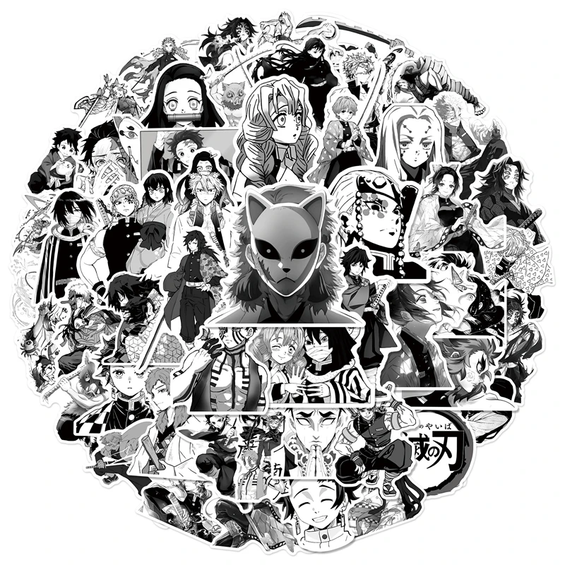 

Cartoon Anime Black And White Demon Slayer Stickers for Laptop Suitcase Album Stationery Waterproof Album Decals Kids Toys Gifts