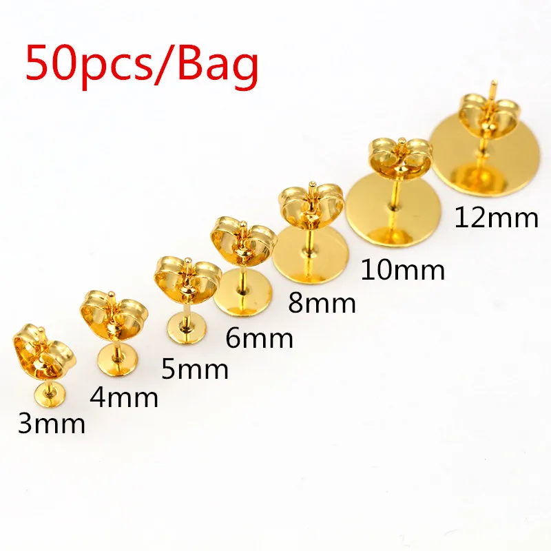 Earring Base Pins 50-100pcs/lot Gold Stainless Steel Blank Post With Earring Plug Findings Ear Back For DIY Jewelry Making