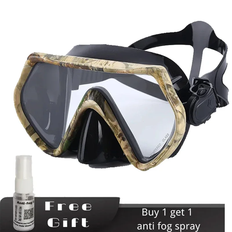 Swimming Goggles Snorkeling Diving Mask Diving Mask Diving Goggles Snorkel Set Adult Free Diving Mask Single Lens with Tempered Glass Lenses,HD Wide View, Antifog Spray,Black,Camouflage