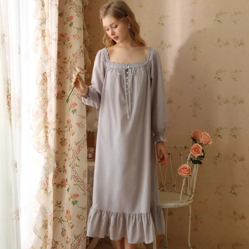 

Long or short 5 color Princess Style Sleep Dress for Women,Vintage Sleeve Cotton Sleepwear for Spring and Autumn, Plus Size