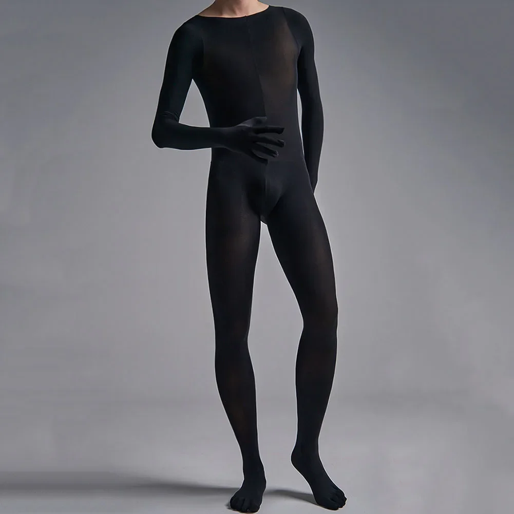 Mens Long Sleeve Bodysuit Leotard Solid Color Jumpsuit Male Bulge Pouch Underwear Transparent Underpants Sleepwear Nightwear