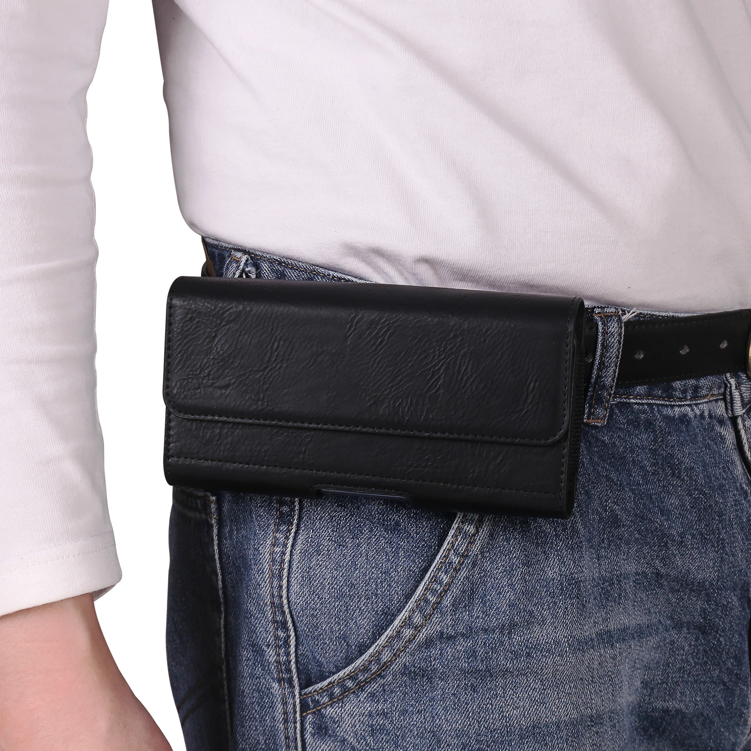 Universal Horizontal Elastic Waist Phone Pouch with Card Pocket - PU Material Holster