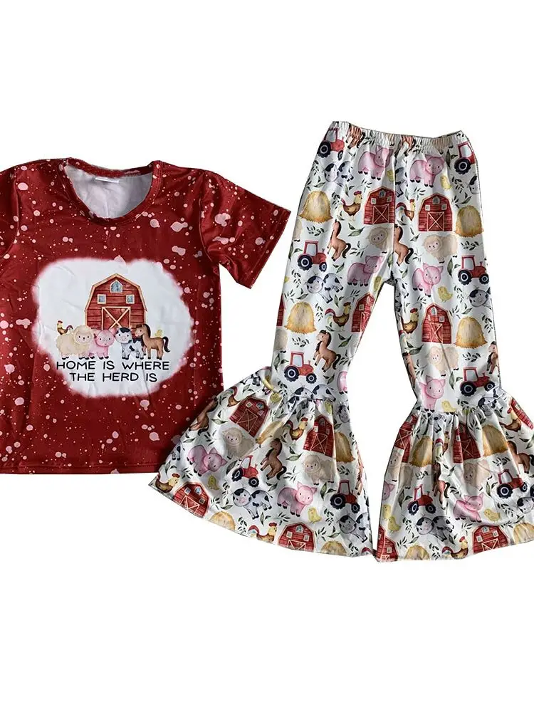 

Cute baby girls Fashion summer Western Cattle short sleeve flare suit for toddlers wear boutique casual style