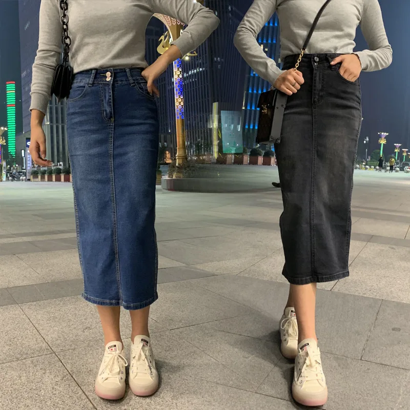 

2022 Women long Jeans skinny Skirts Blue Girls High Waist Casual Denim Pencil skirt Female