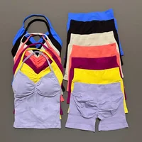 2 Piece Histello Sports Set Women Longline Strappy Top Seamless Yoga Tank Scrunch Butt Workout Shorts Suit Gym Sports Sets