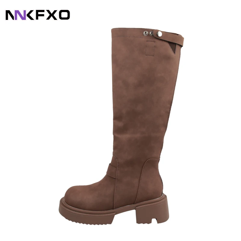 

2023 Women Classic Brown Knee High Boots Autumn Winter Comfortable Versatile Boots Round Toe Square Heels Faux Suede Boots QB460