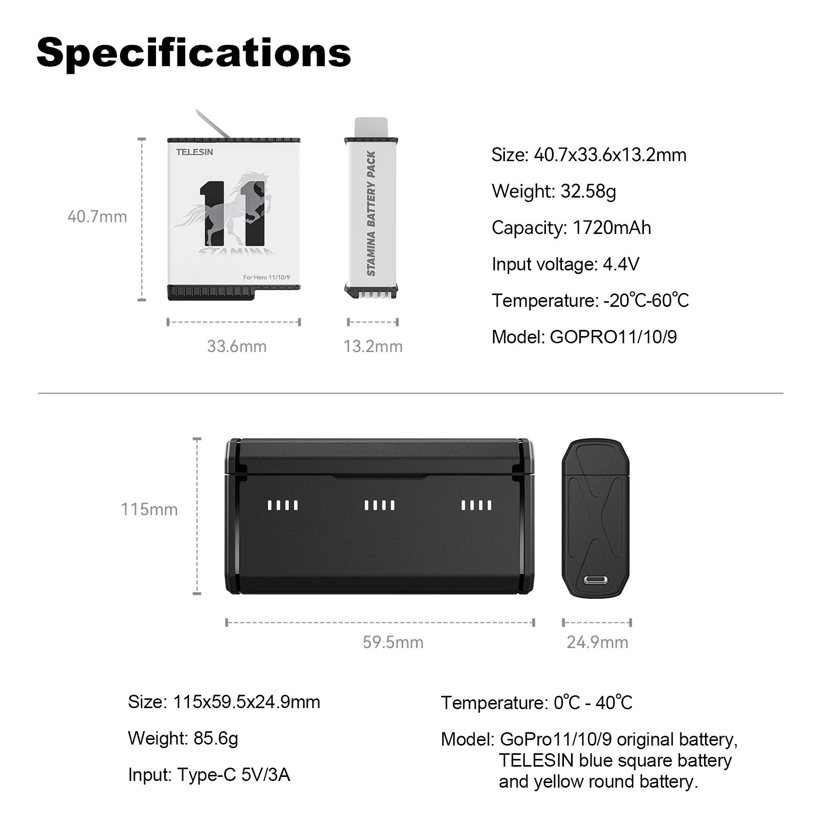 TELESIN 1750mAh Endurence Battery GoPro Hero 11 10 Battery