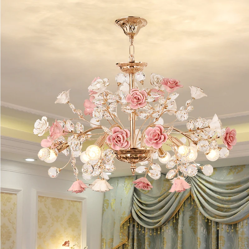 

Luxury Bedroom LED Crystal Chandeliers Modern Rose Decoration Chandelier Lighting Nordic Living Room Ceramic Flower Pendant Lamp