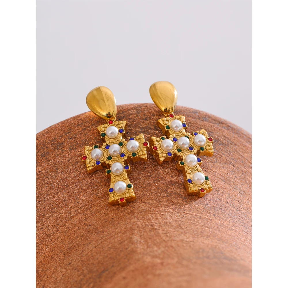Yhpup Vintage Imitation Pearls Zirconia Cross Drop Earrings 18K Gold