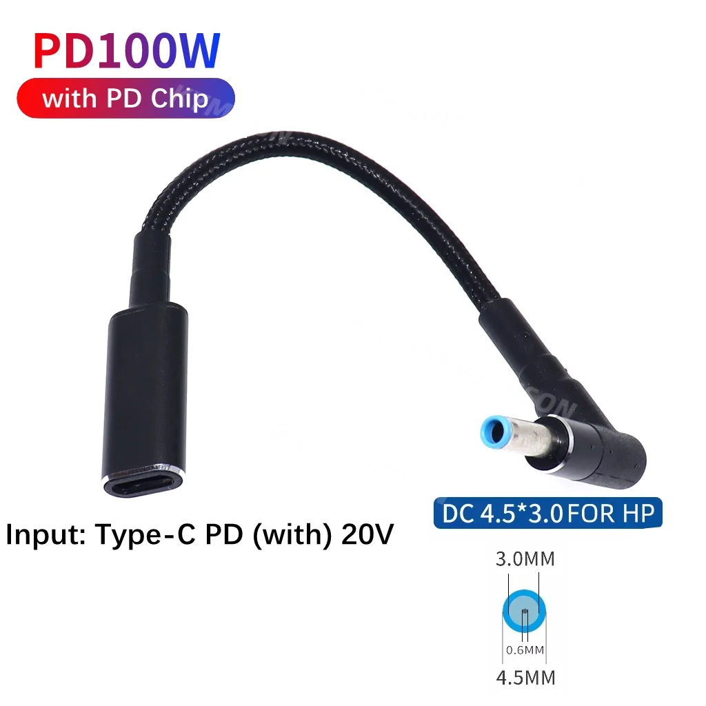 ממיר סוג C למתאם תקע 4.5x3.0mm כבל טעינה מהירה USB C PD בעוצמה של 100W עבור מטען למחשב נייד HP / Dell DC 4.5*3.0