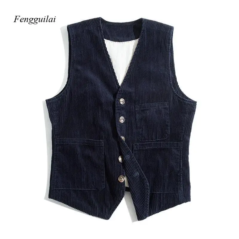 2024 Spring and Autumn Retro Corduroy Workwear Vest Pocket Splicing Solid Color Single Breasted British Coat Men's 4