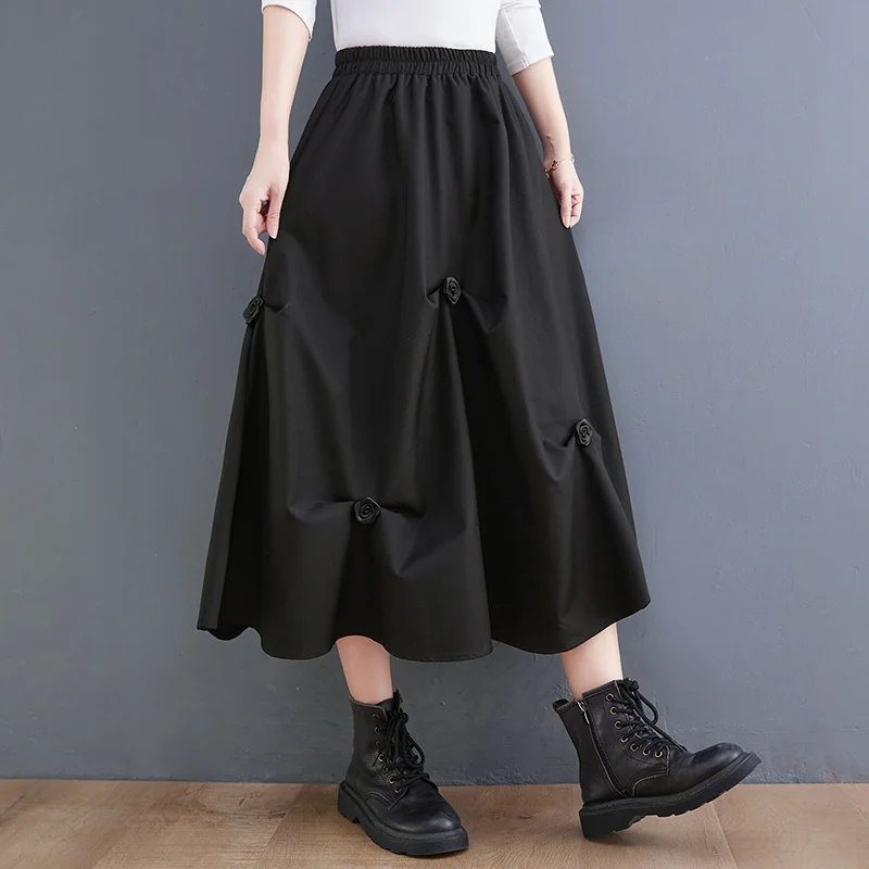 

#3026 Spring Elastic High Waist Black Skirts Women Patchwork Floral Vintage A-line Skirt Femme Loose Office Irregular Midi Skirt