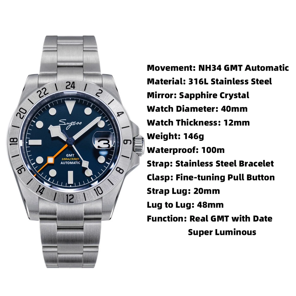Sugess GMT Watch of Men Automatic Japan NH34 Mechanical