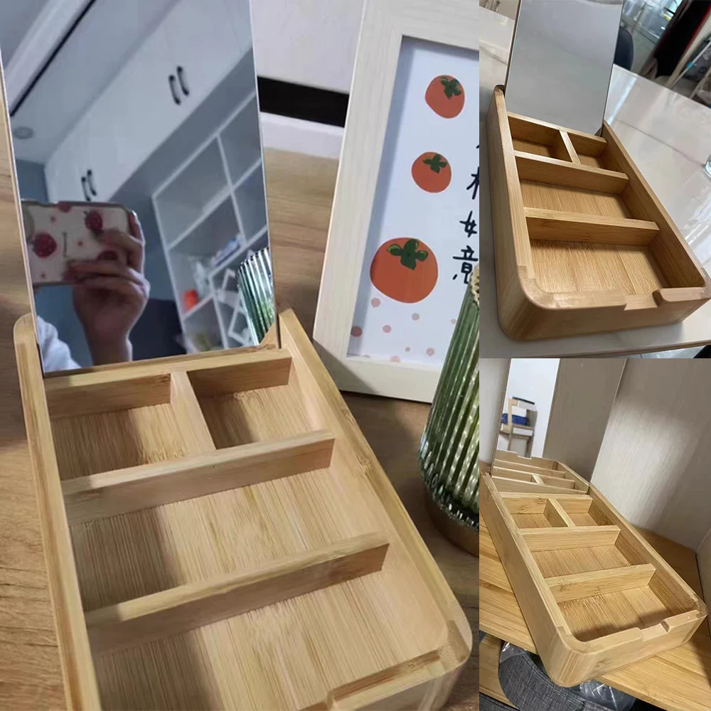 Cosmetic Solid Bamboo Storage Box with Removable Mirror Bedroom Bathroom Makeup Jewelry Lipstick Blush Dressing Table Organizer 5