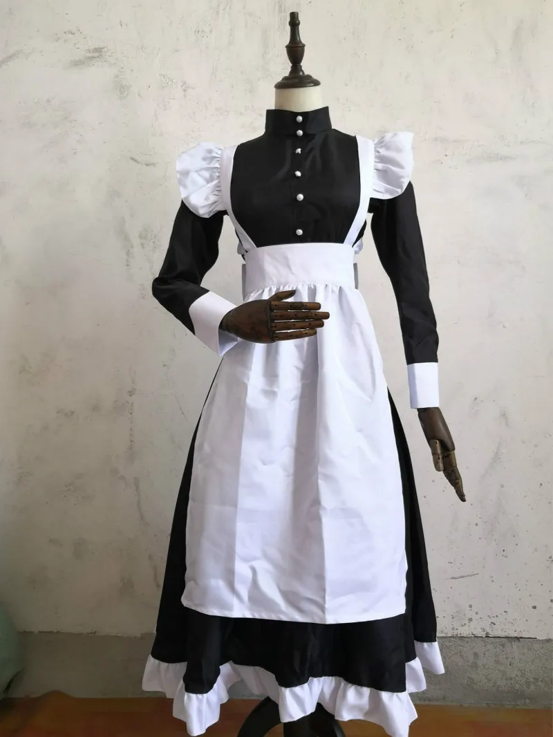 

Black Woman Classic Maid Dress Vintage British Style Oversized Cosplay Dress 2023 Pearl Line Coffee Maid Cos Animation Clothing
