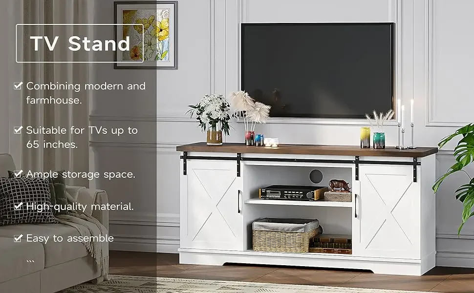 Description Picture 6 of itemBarn Doors TV Stand With Storage and Shelves Farmhouse TV Stand for 65 Inch TV Entertainment Center Media Console Cabinet