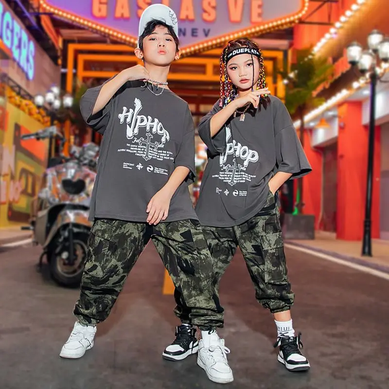 

Hip Hop Girl Cartoon Printed T-shirt Boy Camouflage Pants Street Dance Children Streetwear Kids Costumes Teens Jazz Clothes Sets