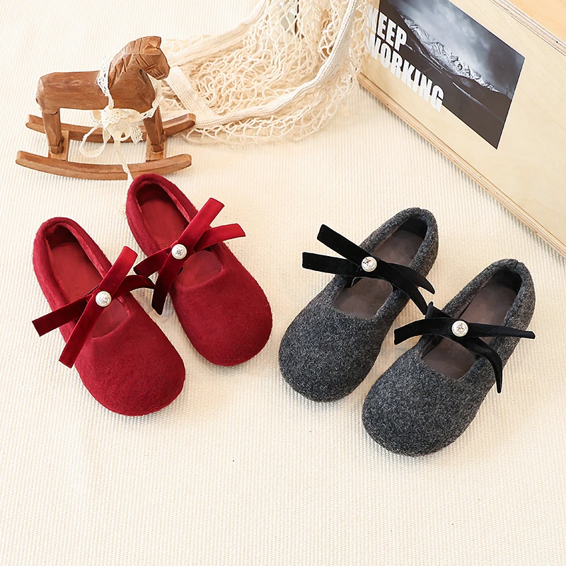 Girls Winter Fuzzy Ballet Flats with Bow Detail