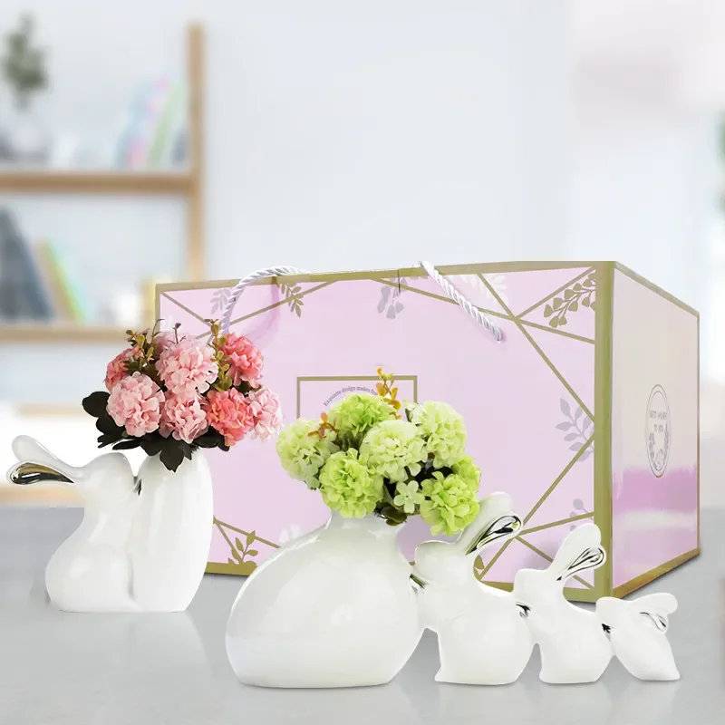 

Simple Cute Rabbit Animal Ornaments Ceramic Vase+Fake Flower Decoration Crafts Figurines Home Furnishing Articles Wedding Gifts