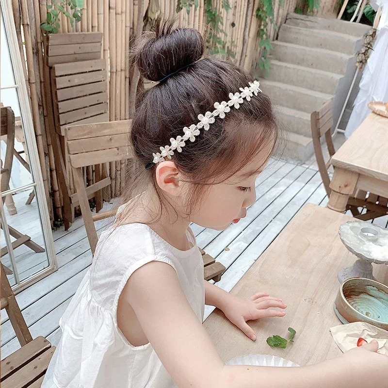 Princess Kids Flower Hair Full Pearl Hoops for Girl Elegant White Flower Hairbands Party Wedding Headdress Kids Hair Accessories