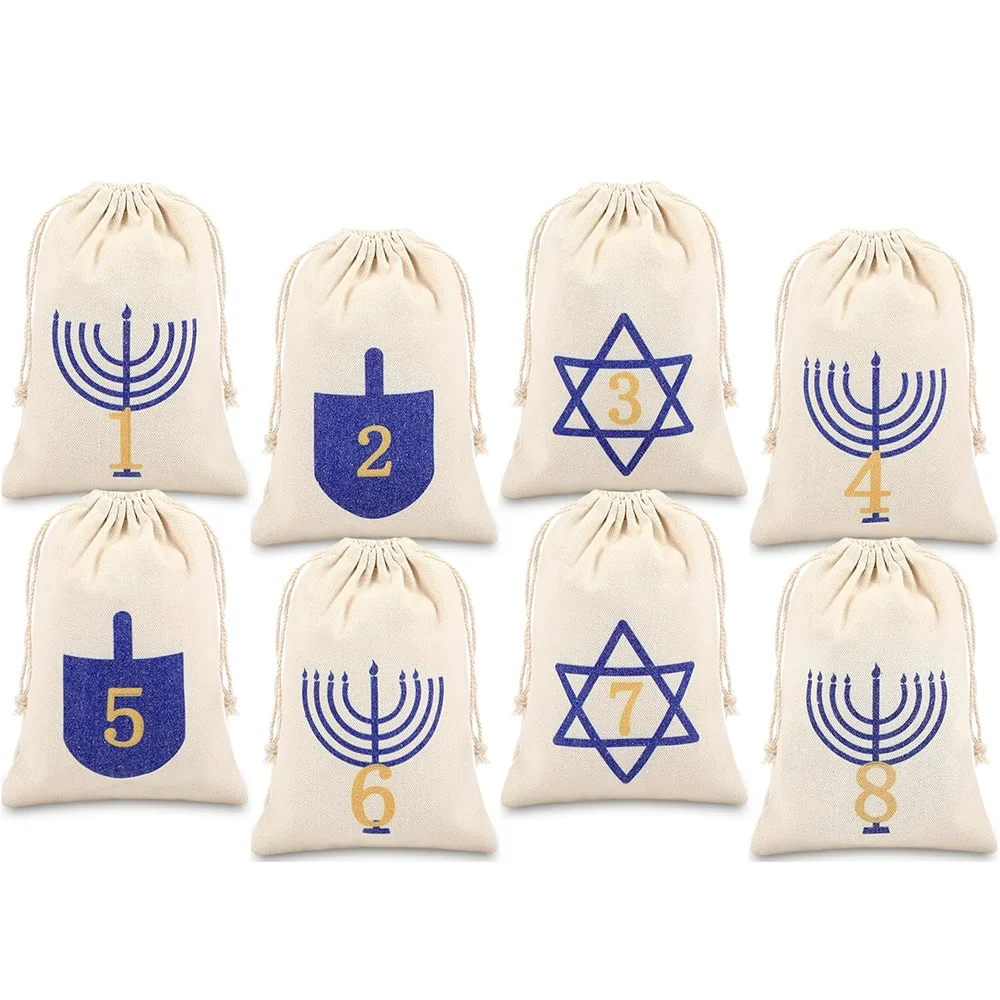 Organza Gift Bags Party Gift Bags Canvas Drawstring Pouches 8 Pcs Nights of Hanukkah Gift Bags Hanukkah Countdown Calendar Drawstring Bags for Kid Chanukah Decorations