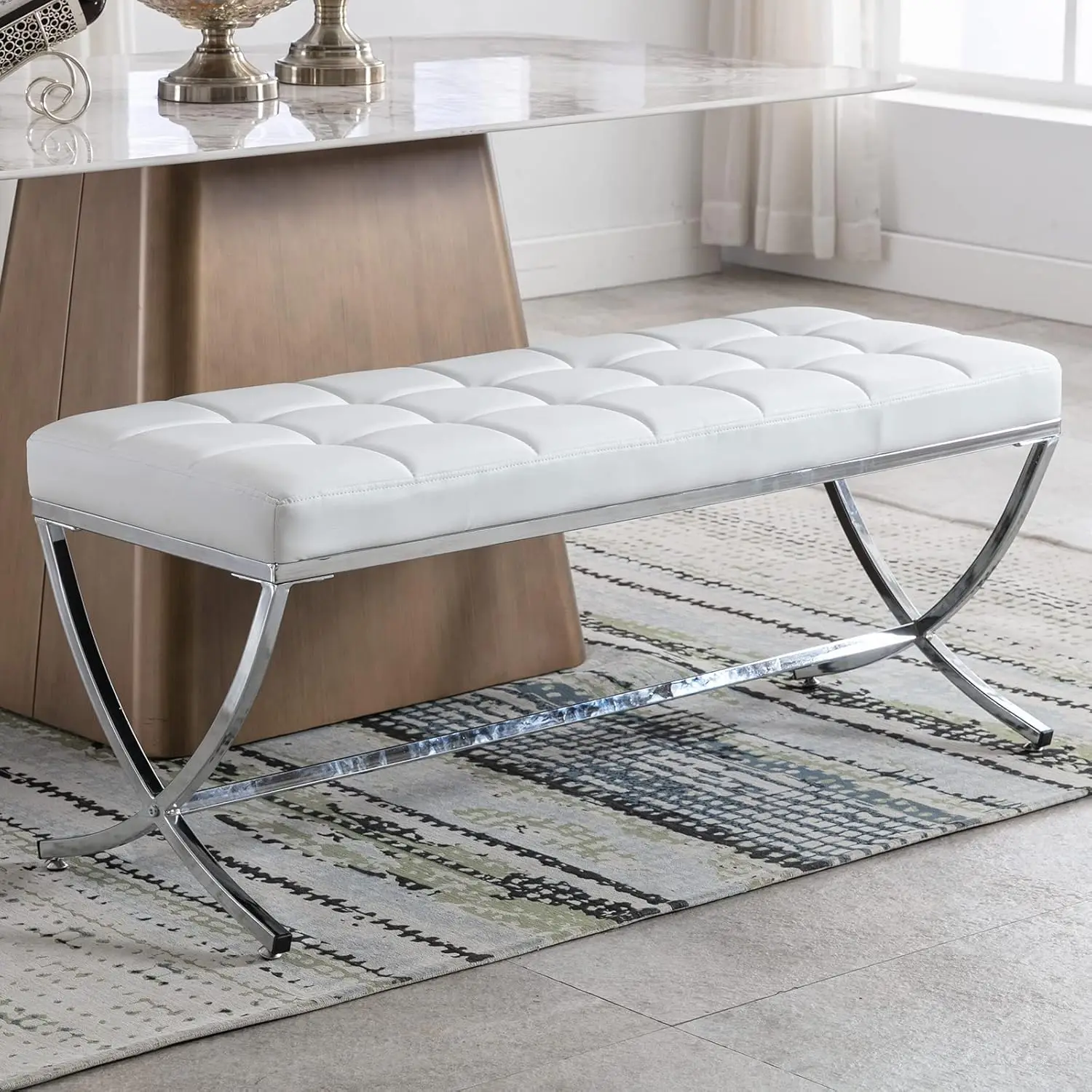 Leather Upholstered Dining Bench, Button Tufted Footrest Stool Vanity Seat with with X Metal Legs, 45.75" W x 16.5" D x 19.25" H