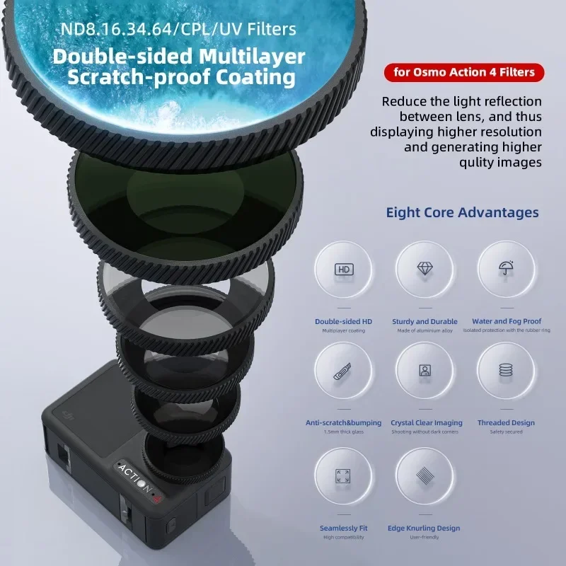 Description Picture 5 of item4Pack ND8 ND16 ND32 ND64 Lens Filter Set for DJI Osmo Action 4 HD Optical Glass UV CPL Waterproof Lens Filter Camera Accessory