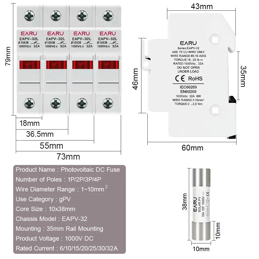 1P 2P Din Rail Solar PV DC Fuse Holders with Indicator Light suitable 10*38mm DC