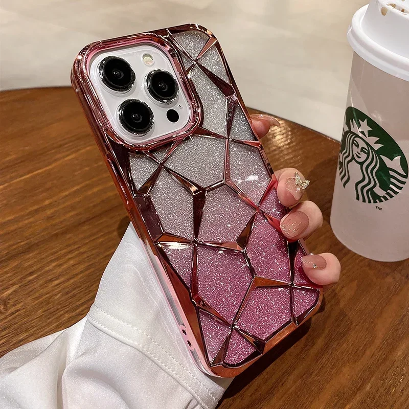 thumbnail image 1 of Funda de teléfono de lujo para niña para iPhone 16, 15, 14, 13, 12, 11 Pro Max Plus, con purpurina, brillante, 3D, cubo, diamante, mármol, suave, TPU, a prueba de golpes, 1 of 5